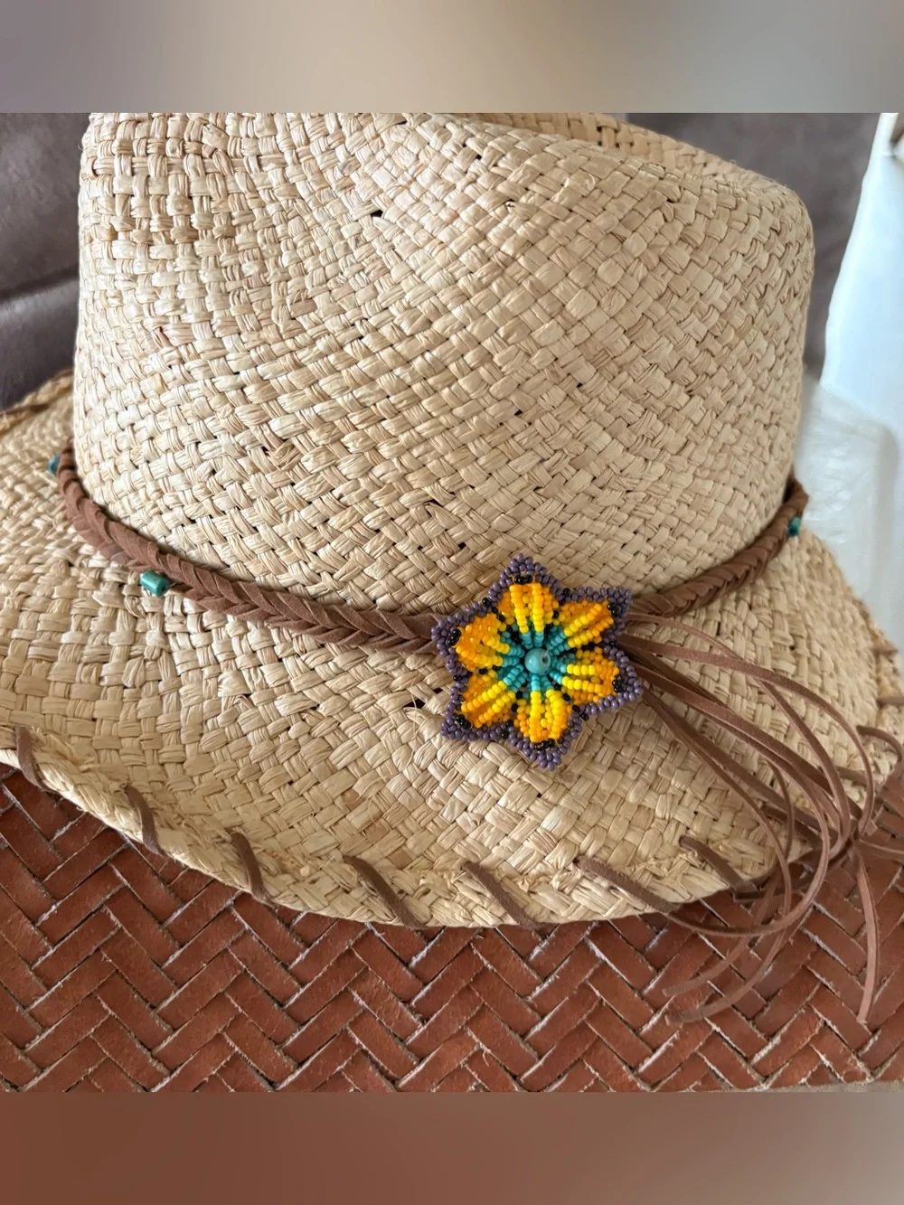 Handcrafted Beaded Flower Cowboy Hat - & Turquoise on Brown